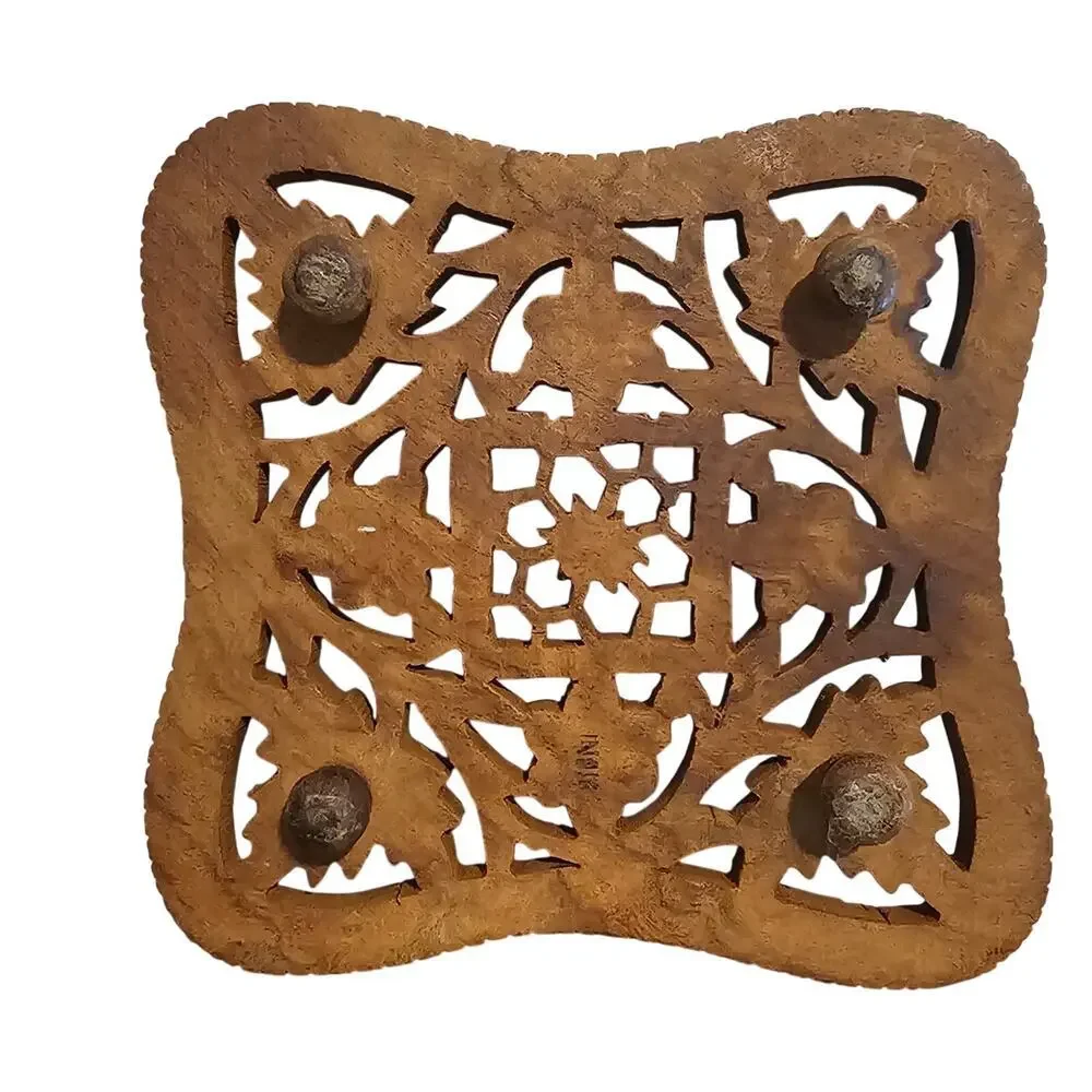 Vintage Hand Carved Wooden Trivet Indian Teak Hot Plate Boho Footed Wall Decor